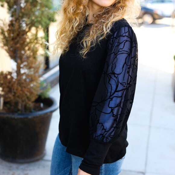 New Black Floral Mesh Bubble Sleeve Top - 1X, 2, & 3X - Picture 8 of 8